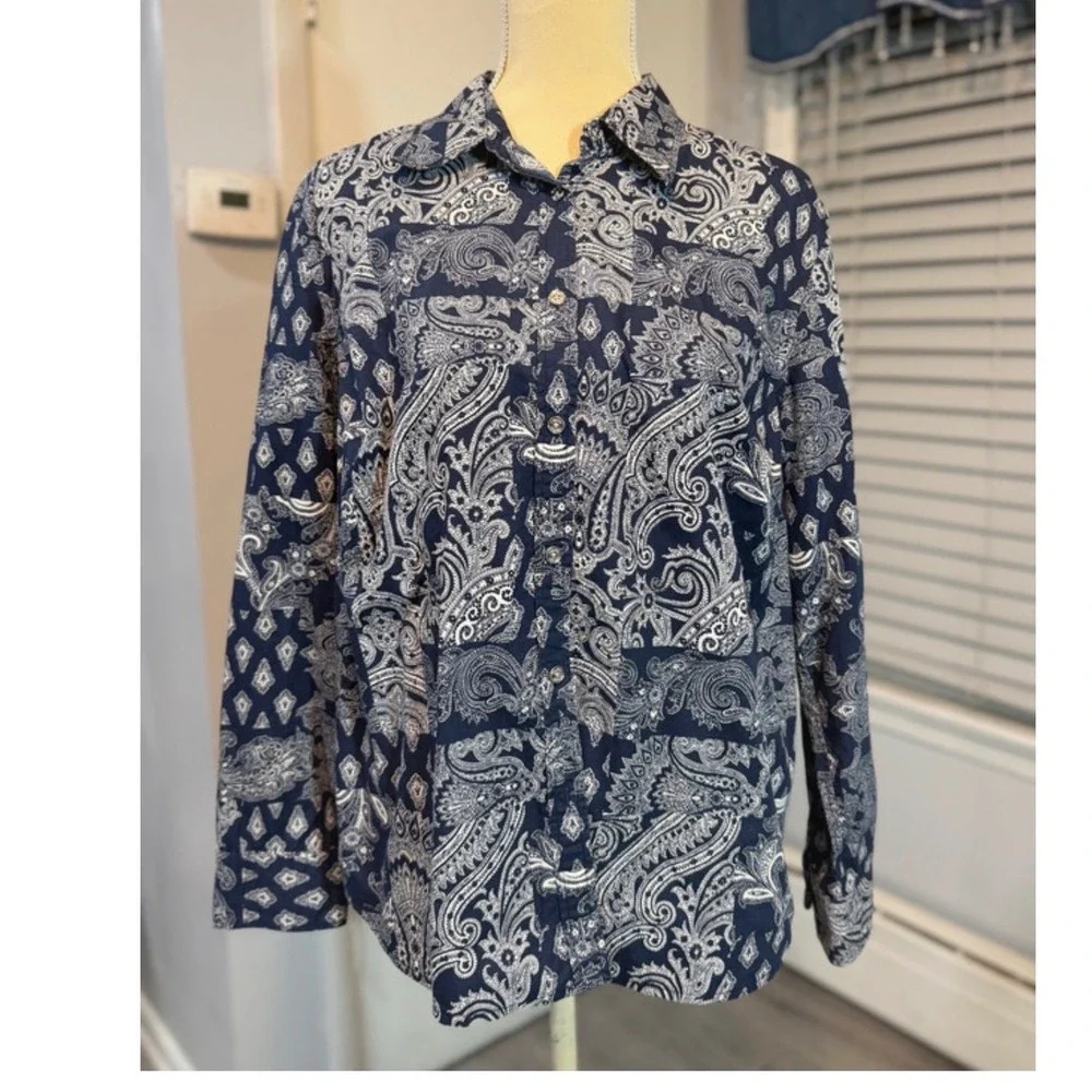 Chaps Plus Size 1X Blue & White Paisley Bandana Print Button Up Preppy Boho Chic